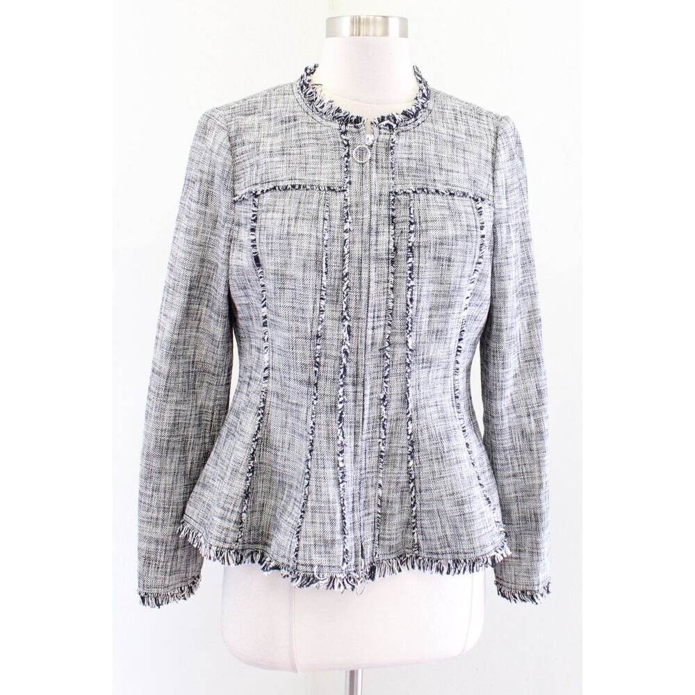 Rebecca Taylor Gray Tweed Fringe Zip Front Flared Peplum Blazer Jacket Size 6